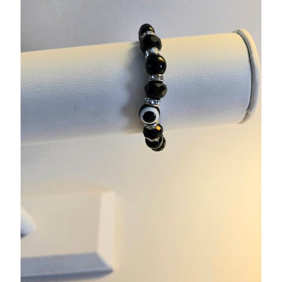 Two Stretchy Black Bracelets with Silver Toned Spacers - Picture 4 of 11